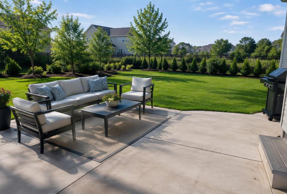 Sample placeholder for a backyard concrete patio with seating