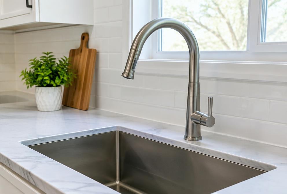 Example photo of a new stainless kitchen faucet over an undermount sink